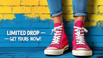 Woman's feet in pink high-top sneakers in front of a bright yellow and blue brick wall, promoting a limited-time sale.