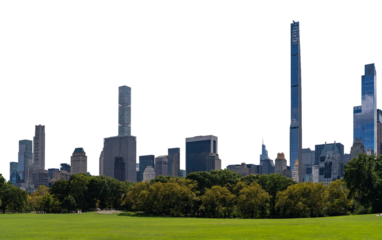 New York City skyline with modern skyscrapers and Central Park greenery, isolated on a white background. Clean template for creative design concepts