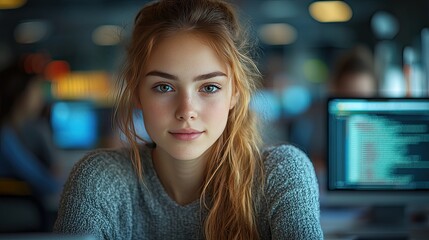 A group of four individuals, including a young girl and three adults, engage with a computer during a coding class.