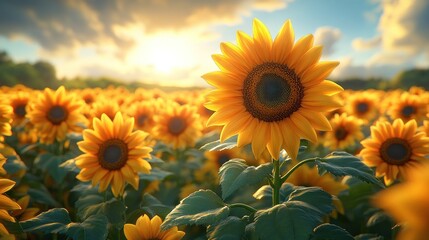 Obraz premium Golden sunflower field at sunset