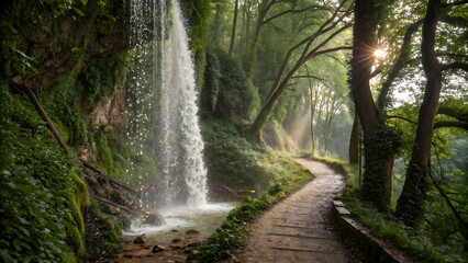 Obraz premium Enchanted forest path. mystical waterfall cascading down lush green forest path, surrounded by trees and sunlight filtering through leaves