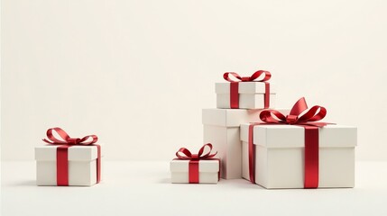 Elegant white gift boxes adorned with rich red ribbons, arranged in a visually appealing presentation, perfect for celebratory occasions or commercial applications.