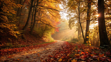 Fototapeta premium Enchanted forest path. serene forest path covered soft carpet of fallen leaves, surrounded by vibrant autumn colors and warm sunlight filtering