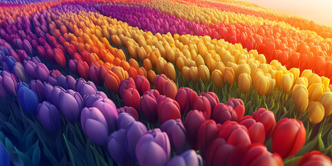 Obraz premium Aerial View of a Patchwork of Vibrant Tulip Fields in Full Bloom for Spring Landscapes, Floral Art, or Agricultural Promotion