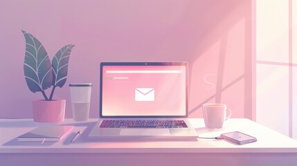 Fototapeta premium Anime MacBook on desk with Gmail coffee smartphone in sunrise