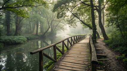 Obraz premium Enchanted forest path. serene wooden bridge crossing over misty river surrounded by lush greenery