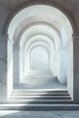 Obraz premium Minimalist marble staircase in arched corridor. Clean lines and neutral tones.