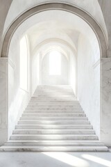 Obraz premium Minimalist marble staircase in arched corridor. Soft diffused light, clean lines and neutral tones.