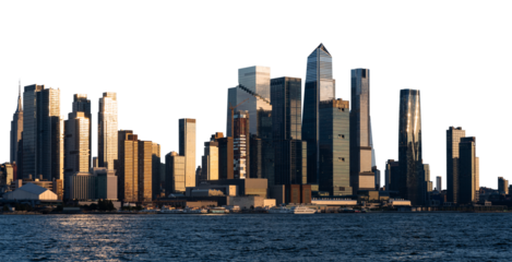 New York City skyline featuring modern skyscrapers with reflective glass facades, isolated on a white background. Urban cityscape of Manhattan, USA