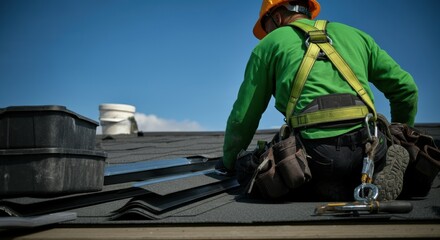 Roofer in green shirt and safety gear working on a residential roof
