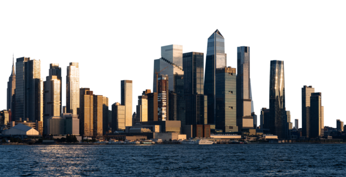 New York City skyline featuring modern skyscrapers with reflective glass facades, isolated on a white background. Urban cityscape of Manhattan, USA