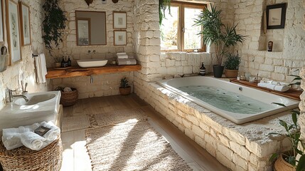 Cozy and Serene Bathroom with Natural Stone Walls and Elegant Spa Tub in Relaxing Home Setting