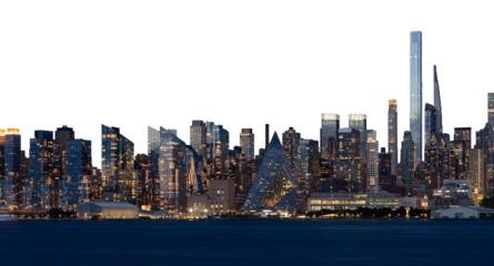 New York City skyline at night with illuminated skyscrapers, isolated on a white background. A modern cityscape featuring Manhattan buildings