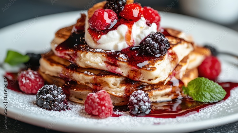 Poster beautifully plated pancakes layered with fresh raspberries and drizzled with syrup create a tempting