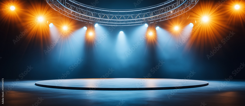 Poster vibrant empty stage illuminated by bright lights, creating inviting atmosphere for performances. cir