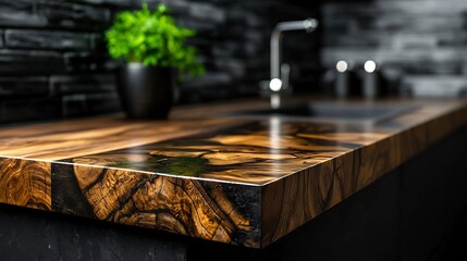 Obraz premium Close-up of a dark wood countertop with epoxy resin inlay, set against a dark brick wall.
