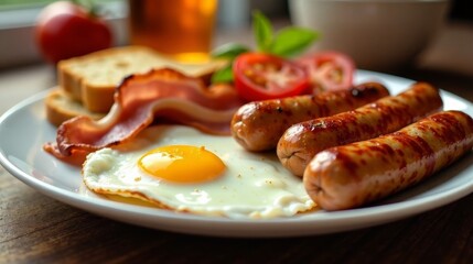 A hearty breakfast plate featuring fried eggs, crispy bacon, grilled sausages, and toasted bread, garnished with fresh tomato slices and herbs.
