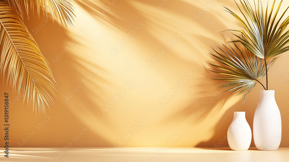 Poster serene scene featuring two vases with palm leaves casting shadows on warm beige background, creating