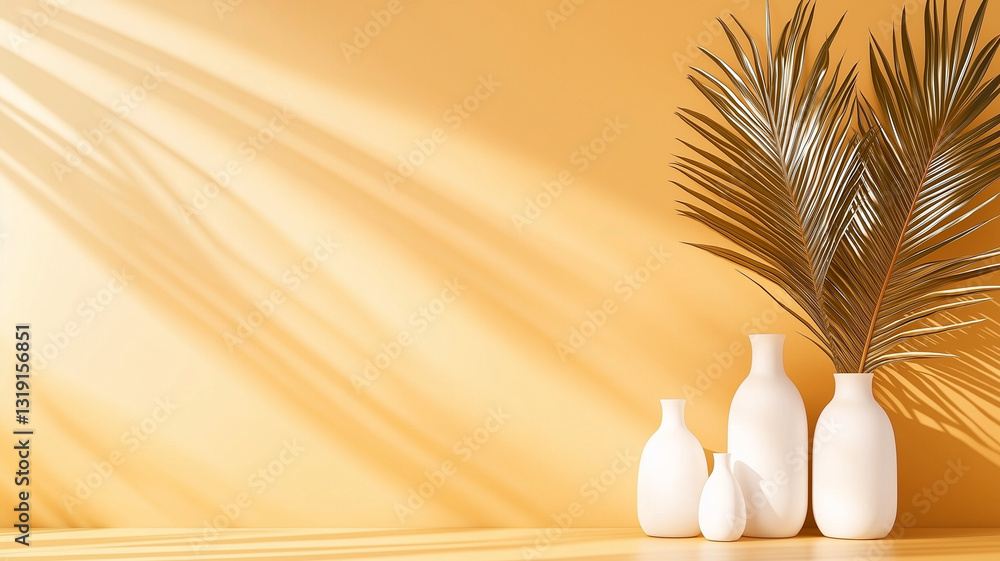Poster white vases with palm leaves against yellow background create serene atmosphere. soft shadows add de