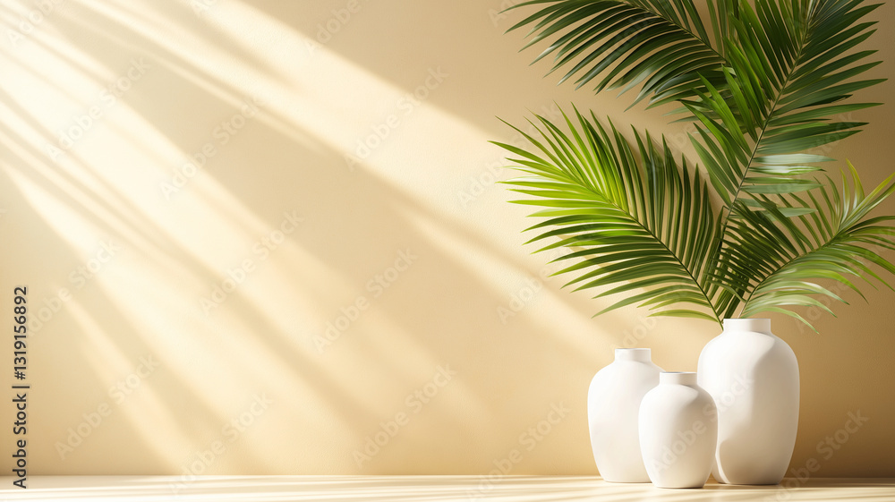 Aufkleber elegant white vases with palm leaves casting shadows on beige wall create serene atmosphere. interpl