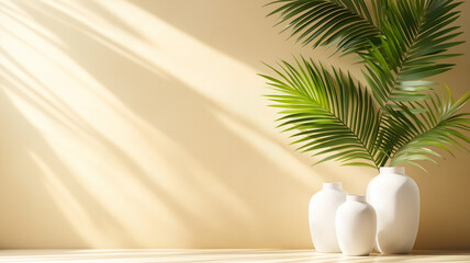 Fototapeta premium Elegant white vases with palm leaves casting shadows on beige wall create serene atmosphere. interplay of light and shadow enhances tranquil setting