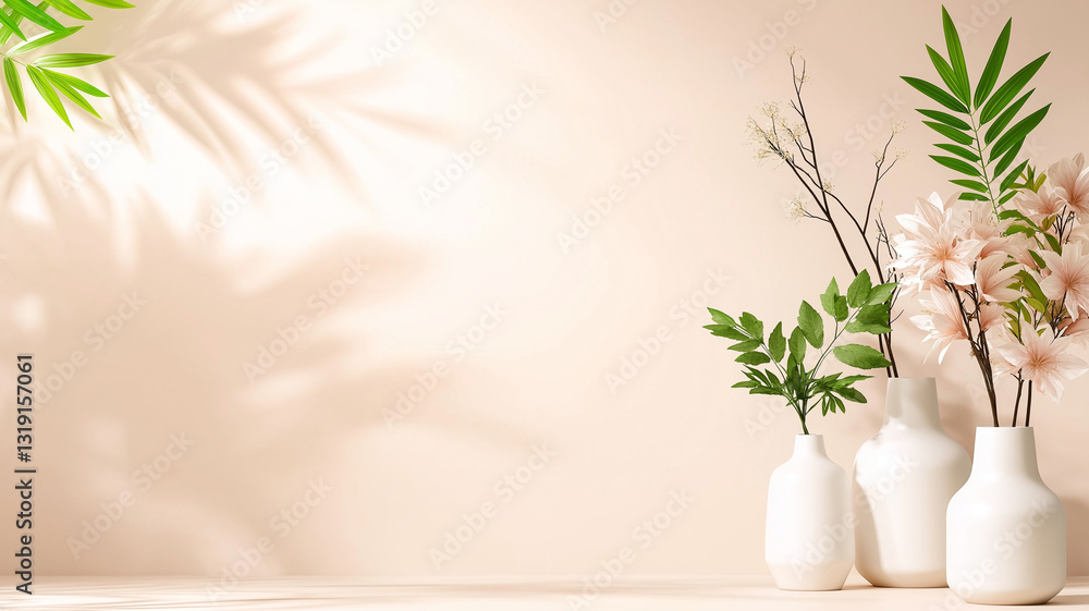 Poster elegant white vases with plants and flowers against beige background create serene atmosphere. soft 