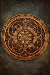 Ornate Celtic Circle Mandala with Medieval Symbols – Intricate Golden-Brown Geometric Art on Dark Blue Textured Background