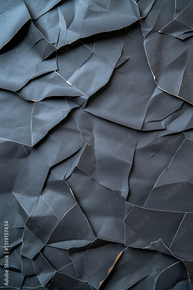 Poster crumpled black paper texture with intricate folds and shadows, creating dramatic and artistic backgr
