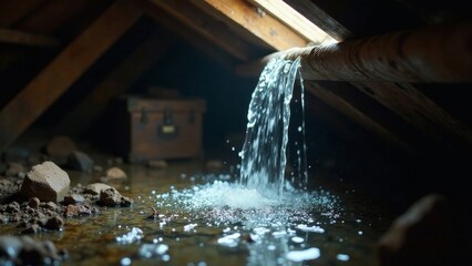 Hidden Attic Leak Water Cascading from Wooden Pipe onto Dusty Floor near Old Chest