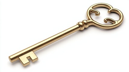 Ornate Vintage Gold Skeleton Key on White Background for Symbolism