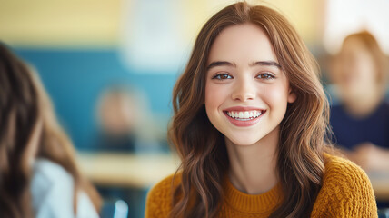 Smiling young female student in classroom, bright atmosphere, engaging expression, warm sweater, educational setting, cheerful mood