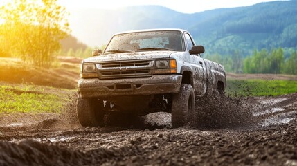 Off-Road Pickup Truck Navigating Through Muddy Terrain at Sunset