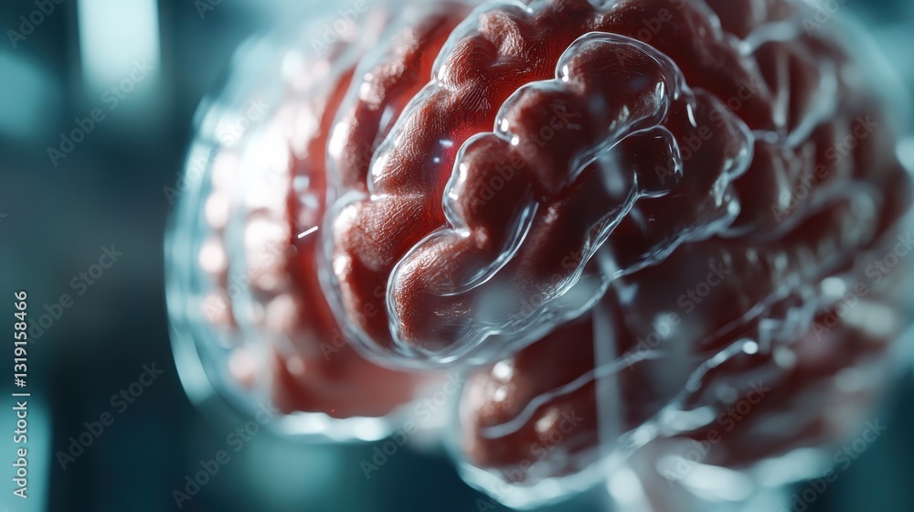Poster a detailed, realistic rendering of a human brain showcasing the intricate details of its structure. 