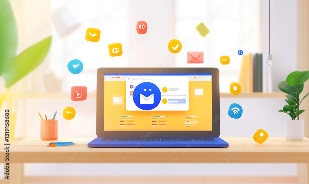 Fototapete Organized workspace featuring a laptop with floating app icons for enhanced productivity