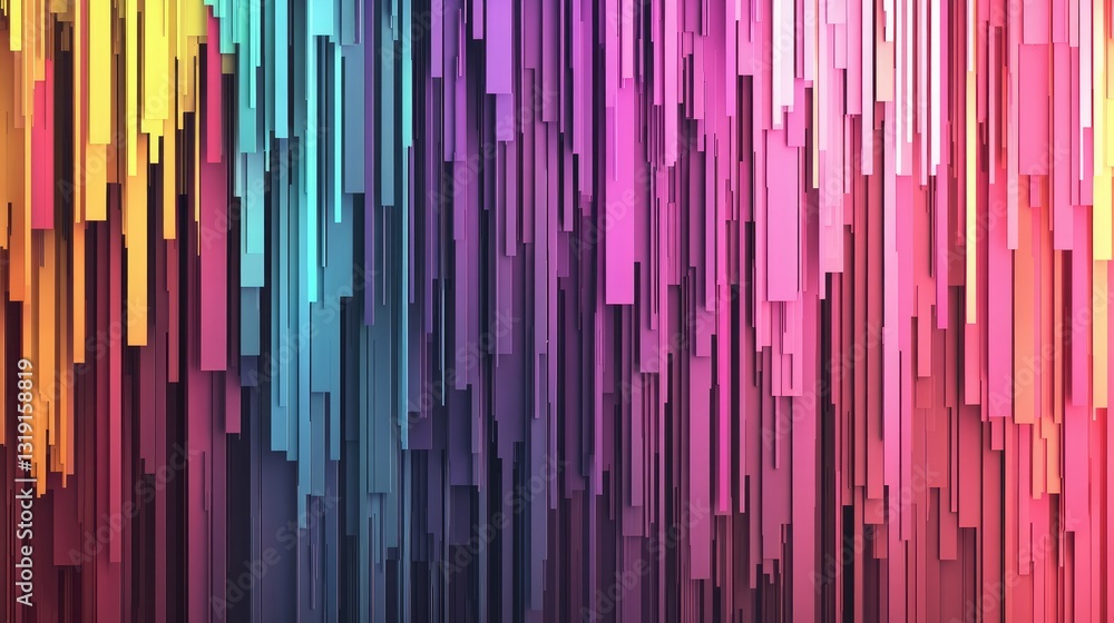 Poster digital pixelated glitch effect with distorted vibrant colors, creating a futuristic abstract feel