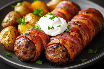  bacon-wrapped sausages with roasted potatoes