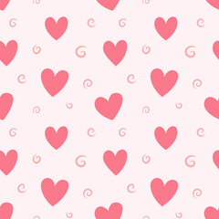 Seamless pattern with pink hearts and swirls