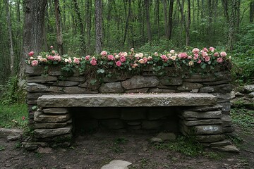 A stone bench in the forest is covered in beautiful roses