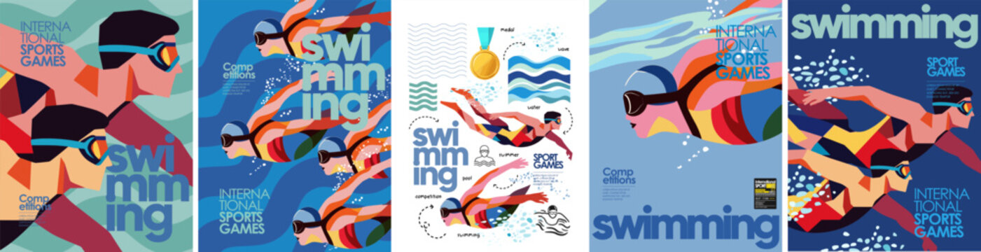 Swimming. Sport. Vector abstract geometric illustration of swimmer on competition in pool and water, swimming people underwater in goggles for poster, invitation, flyer or background
