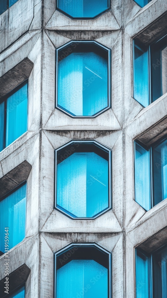 Poster an intriguing building facade showcases a striking pattern of octagonal windows reflecting blue skie