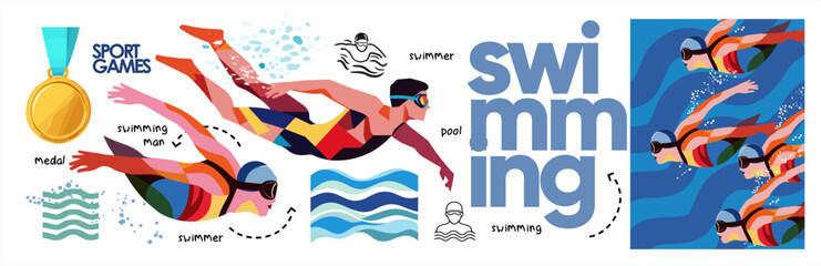 Swimming. Sport. Vector abstract geometric illustration of swimmer on competition in pool and water, medal, swimming people underwater in goggles on white background for icons, symbol and sign