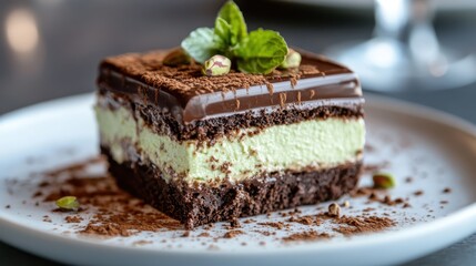 This beautiful dessert slice showcases layers of chocolate and mint cream, finished with cocoa powder and pistachio for a touch of elegance on any dessert platter.