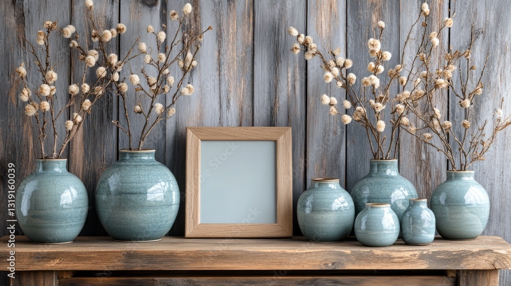 Poster a beautifully curated display features various ceramic vases, accented with dried branches, all set 