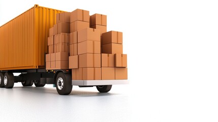Orange Cargo Truck Loaded with Cardboard Boxes on White Background