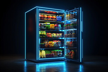 Modern smart refrigerator full of fresh groceries and drinks 3d food cold blue neon dark style image