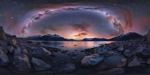 Naklejka premium Endless Starry Night Sky Above a Quiet Mountain Lake for a Tranquil and Cosmic View