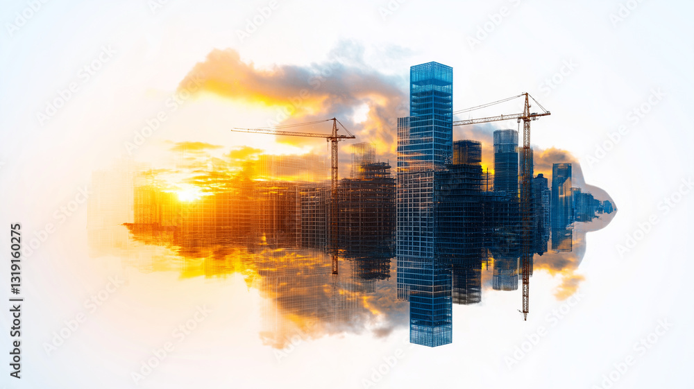 Poster high tech construction site with cranes and modern buildings reflecting in water at sunset. vibrant 