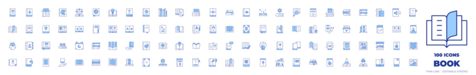 100 Book Icons Collection. Line Duotone style, editable stroke. open book, phone book, books, book, audio book, comic book, magic book, law book, contact book