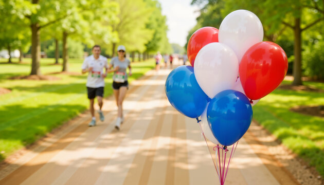 Colorful balloons at charity race start line in park, festive spirit