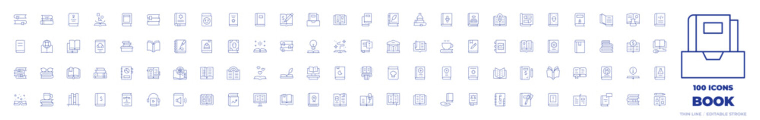 100 Book Icons Collection. Thin line icon. Editable stroke. book, magic book, law book, audio book, history book, book shelf, open book, bookkeeping, guide